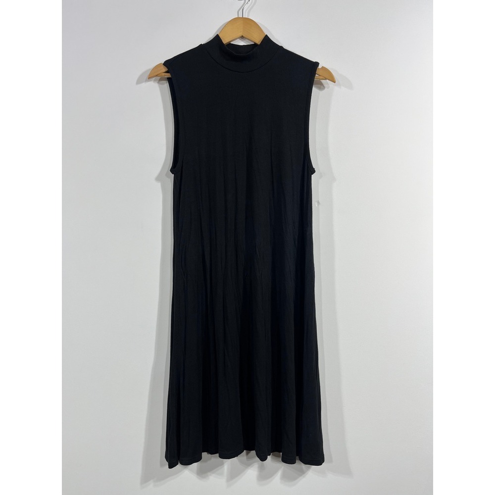 Gap Luxe 90s Minimalist Black Ribbed Mock Neck Sleeveless Swing Dress Large Chic